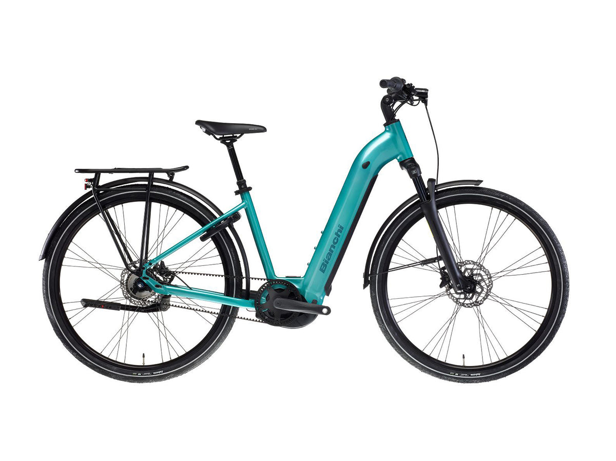 Bianchi T-Tronik C 8.2 Beltdrive Celeste Bosch urban eBike with rear rack
