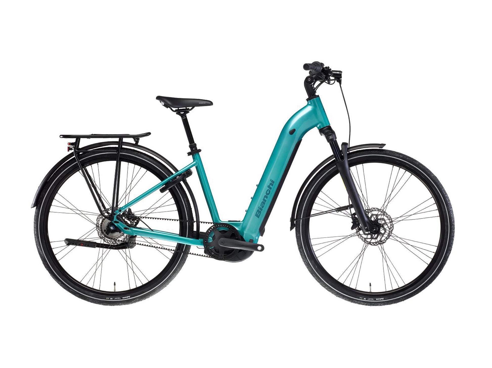 Bianchi T-Tronik C 8.2 Beltdrive Celeste Bosch urban eBike with rear rack