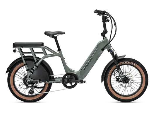 Troxus Lynx 2-Up Grey electric utility bike with passenger seat, heavy-duty rear rack and 750W motor