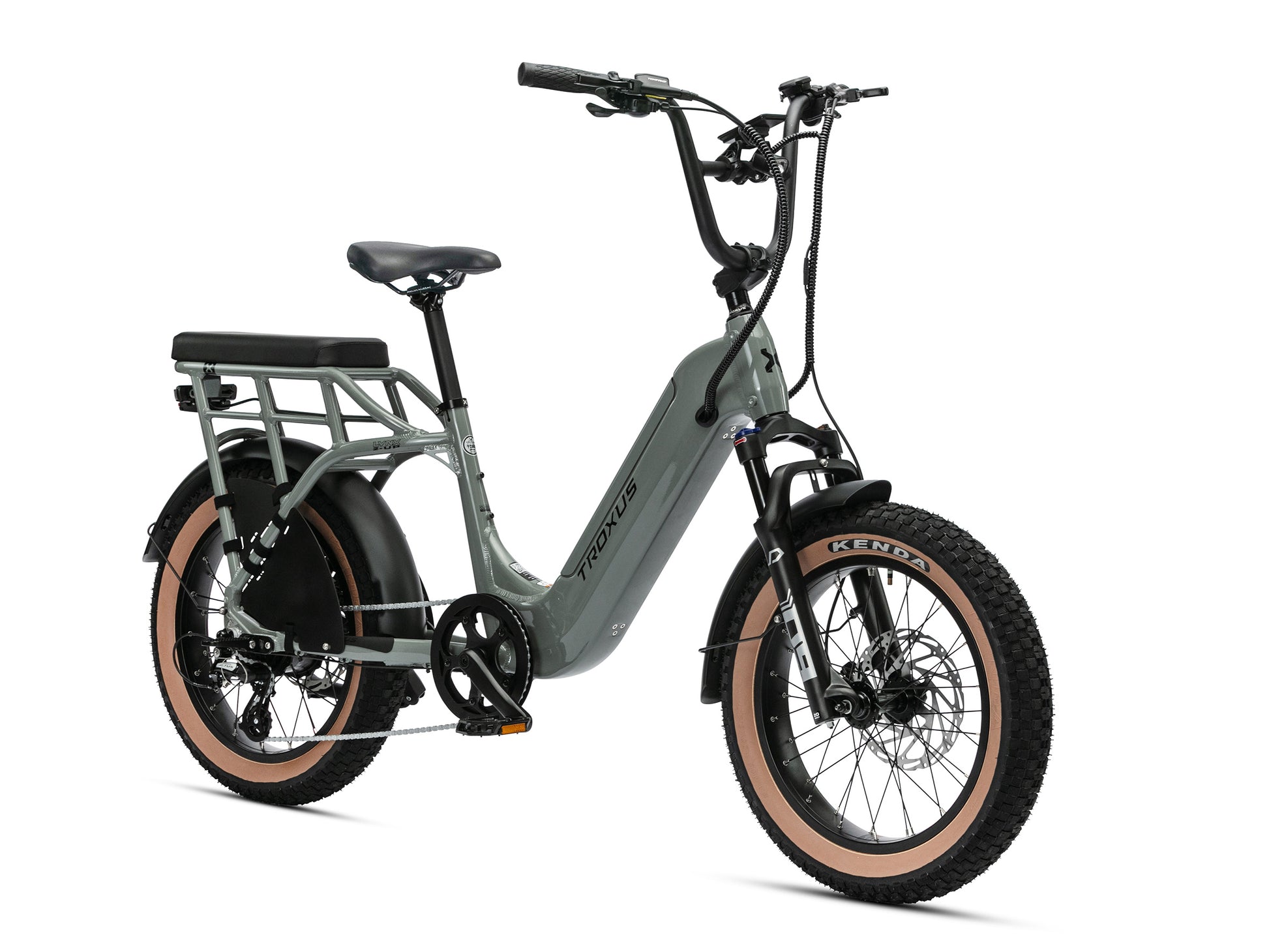 Front angled view of Troxus Lynx 2-Up Grey electric utility bike with passenger seat and integrated cargo rack