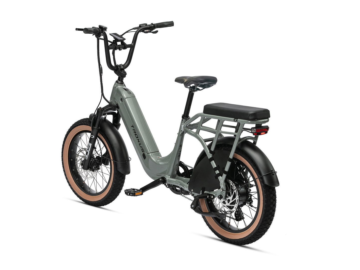 Rear angled view of Troxus Lynx 2-Up Grey electric utility bike with passenger seat, integrated rear rack, hydraulic disc brakes and 20-inch fat tires