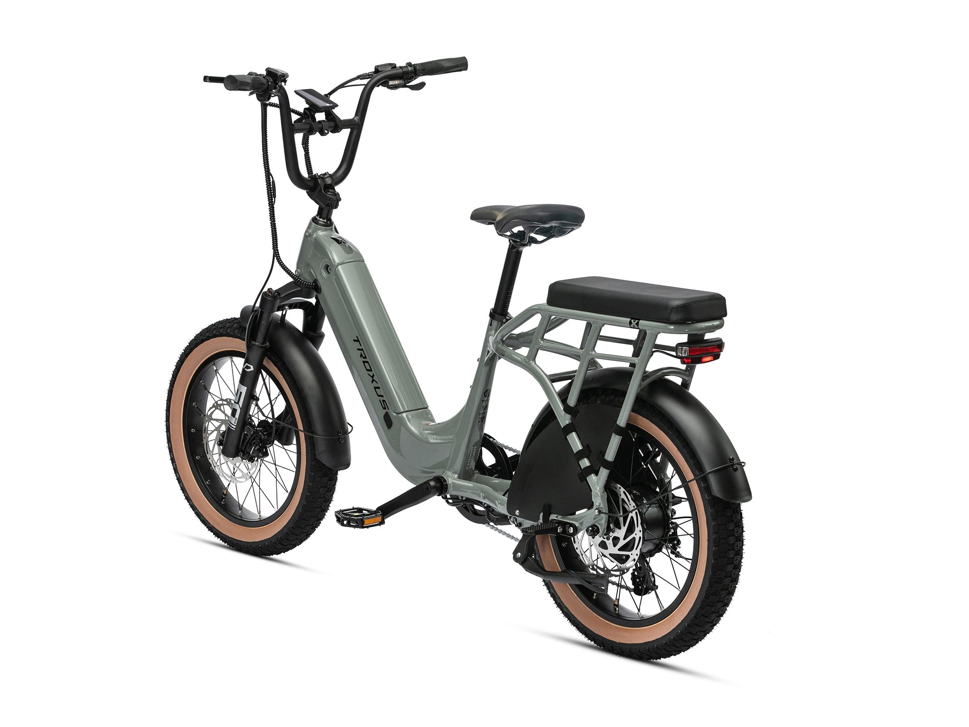 Rear angled view of Troxus Lynx 2-Up Grey electric utility bike with passenger seat, integrated rear rack, hydraulic disc brakes and 20-inch fat tires