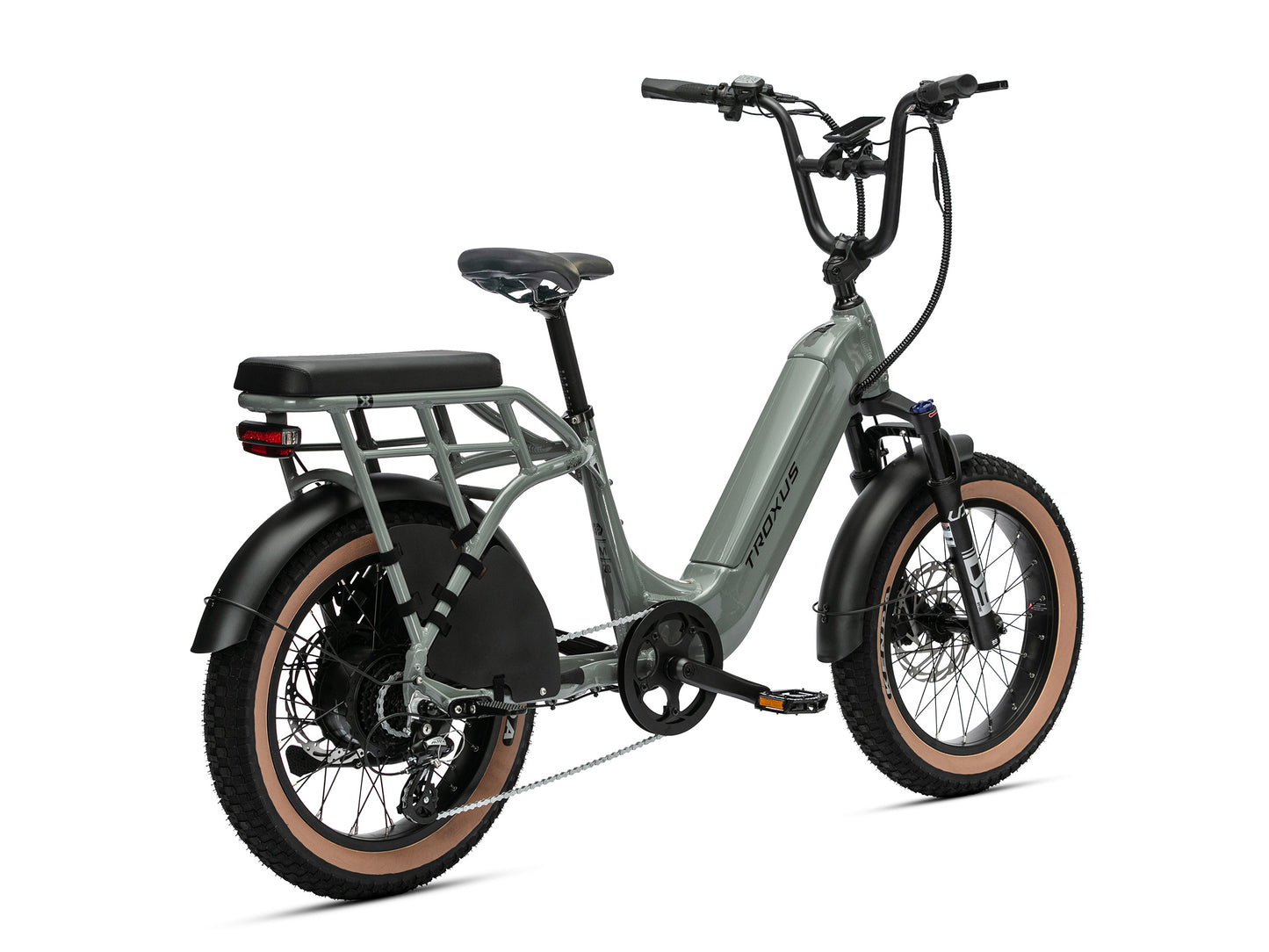 Troxus Lynx 2-Up Grey electric utility bike with passenger seat, integrated rear cargo rack, 750W motor and 20 x 3.3 inch Kenda K-Rad tires