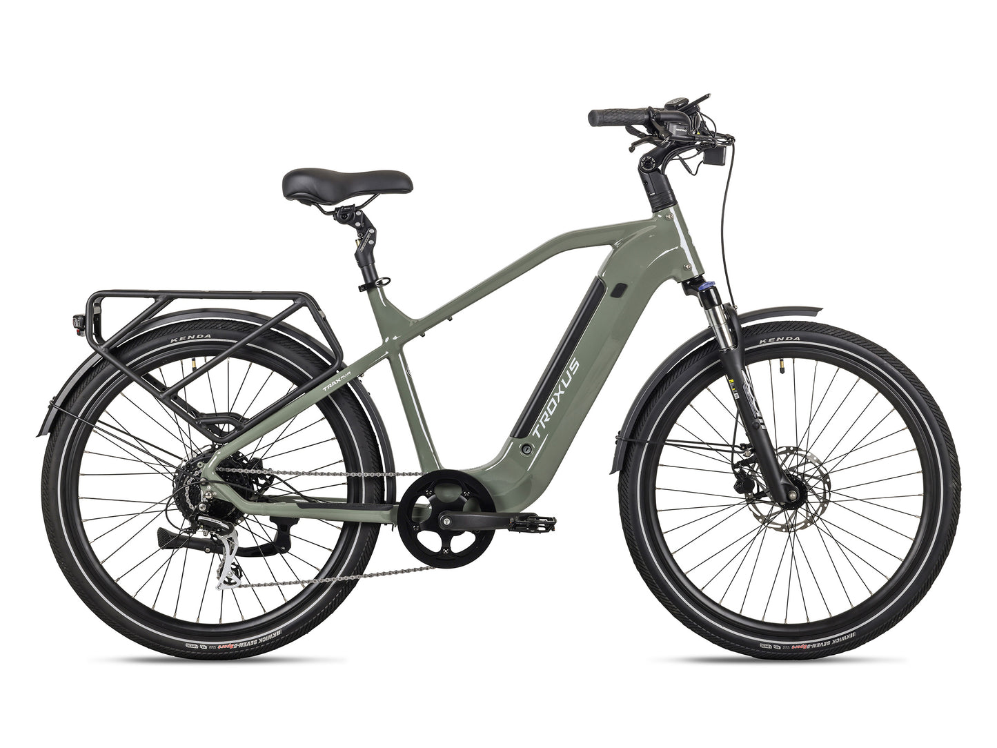 Troxus Trax Plus 500/15 Deep Moss Step-Over Electric Bike Side Profile with Integrated Rear Rack
