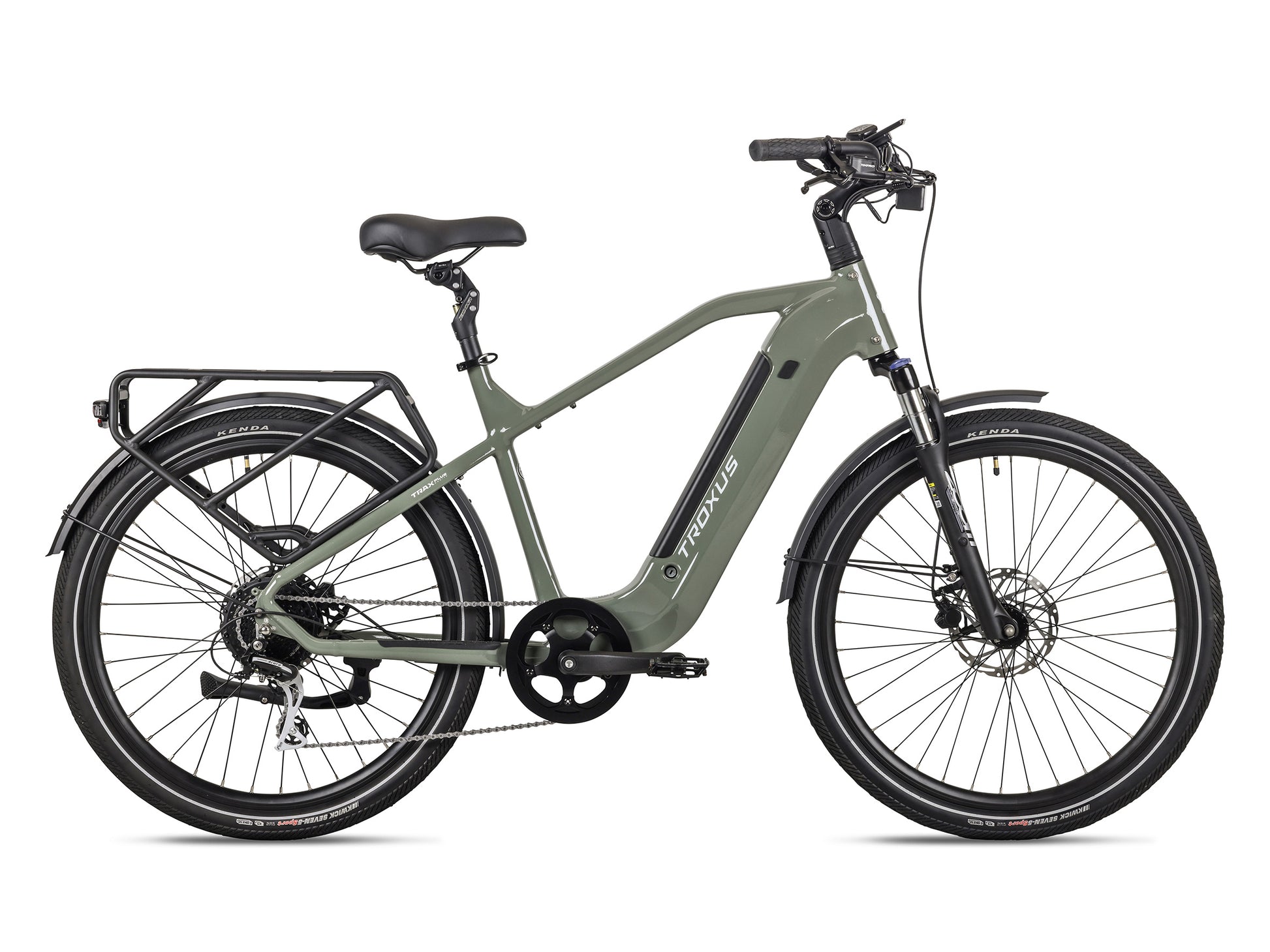 Troxus Trax Plus 500/15 Deep Moss Step-Over Electric Bike Side Profile with Integrated Rear Rack