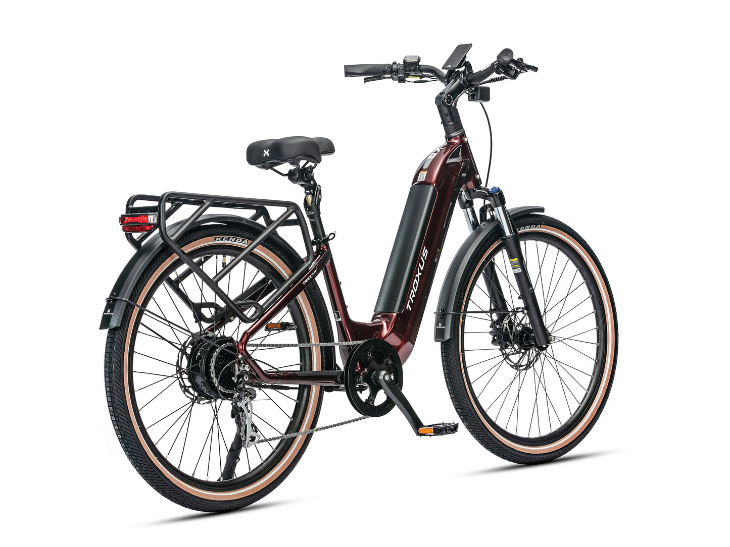 Troxus Trax Plus 500/15 Metallic Red Step-Through Electric Bike with Rear Rack and Hydraulic Disc Brakes