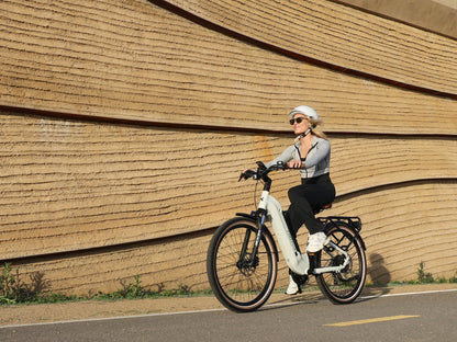 Troxus Trax Plus 500/15 Chalk Electric Bike Riding on an Urban Bike Path
