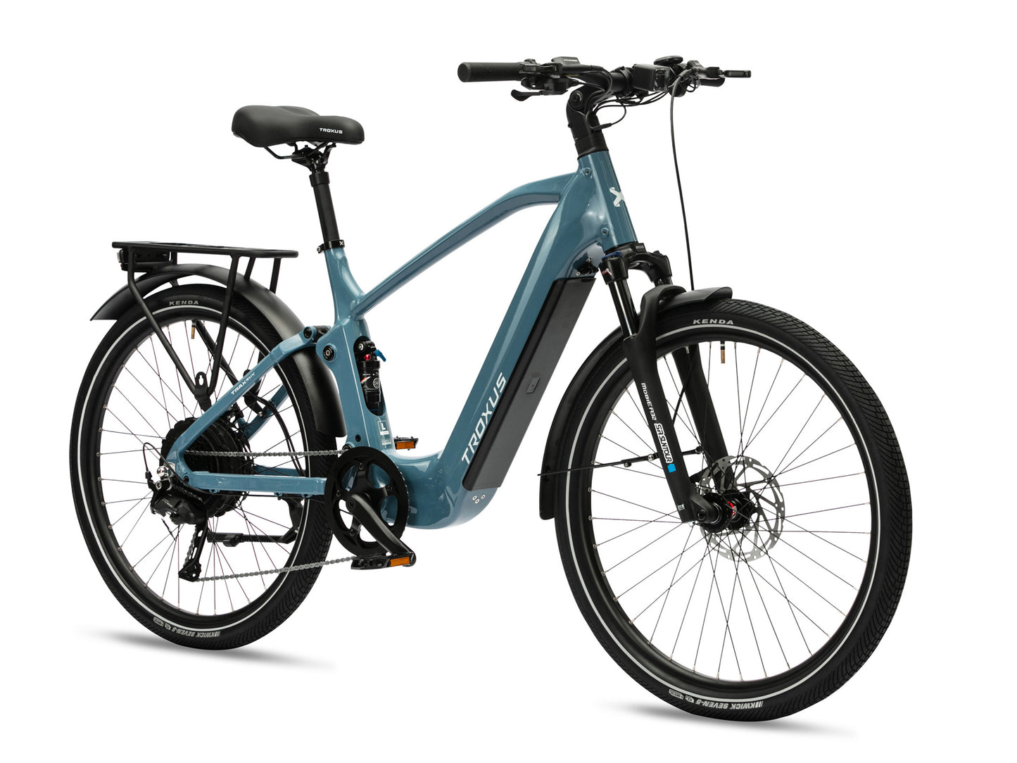 Troxus Trax SUV Electric Bike in Cadet Blue – Front Three-Quarter View with Step-Through Frame,  Front Suspension, and Rear Rack