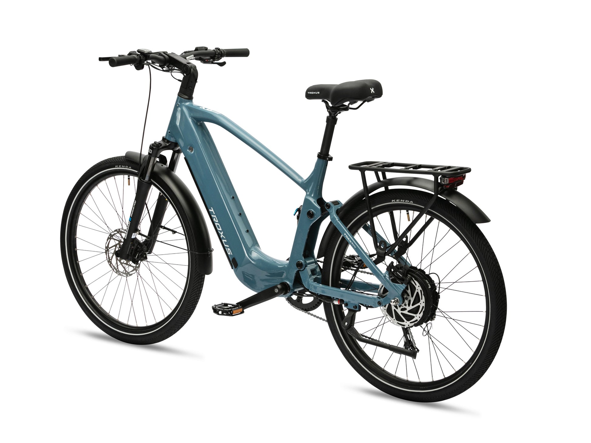 Troxus Trax SUV Electric Bike in Cadet Blue – Rear Three-Quarter View with Rear Hub Motor and Cargo Rack