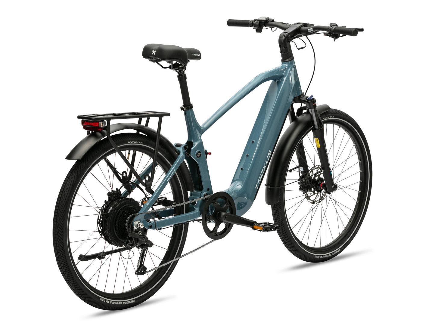 Troxus Trax SUV Electric Bike in Cadet Blue – Rear Three-Quarter View Showing Rear Hub Motor, and Cargo Rack