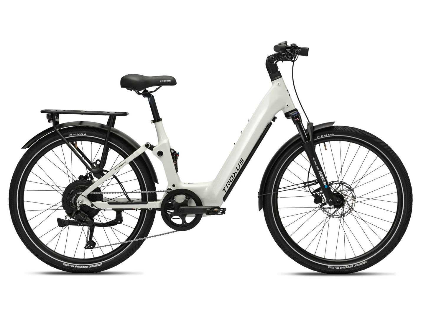 Troxus Trax SUV Electric Bike in Chalk – Side View with Step-Through Frame, Front Suspension, and Rear Rack