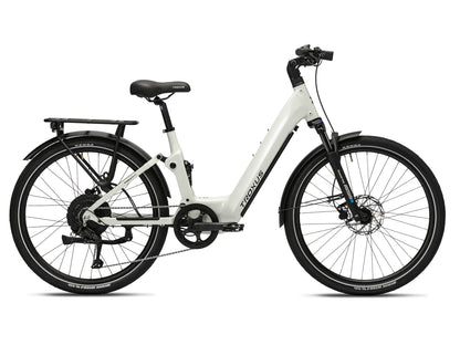 Troxus Trax SUV Electric Bike in Chalk – Side View with Step-Through Frame, Front Suspension, and Rear Rack