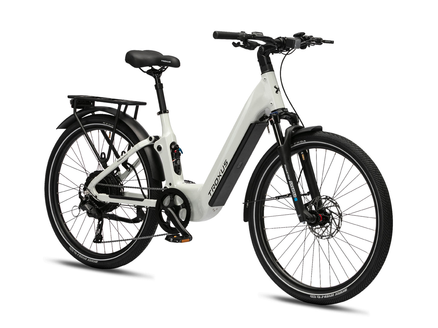 Troxus Trax SUV Electric Bike in Chalk – Front Three-Quarter View with Integrated Battery and Suspension Fork