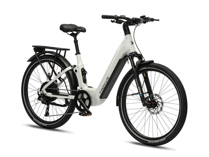 Troxus Trax SUV Electric Bike in Chalk – Front Three-Quarter View with Integrated Battery and Suspension Fork