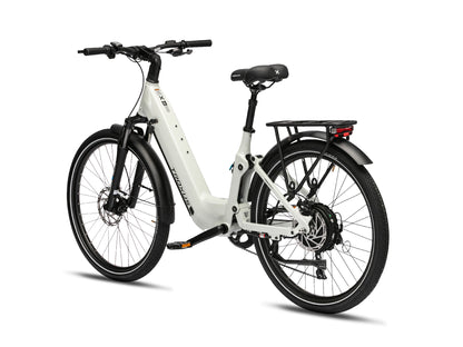 Troxus Trax SUV Electric Bike in Chalk – Rear Three-Quarter View with Rear Hub Motor and Cargo Rack