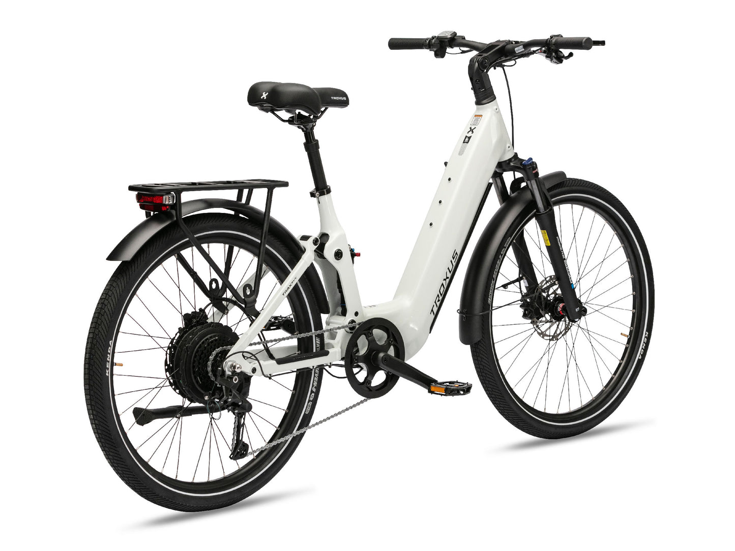 Troxus Trax SUV Electric Bike in Chalk – Rear Three-Quarter View Showing Rear Hub Motor, and Cargo Rack