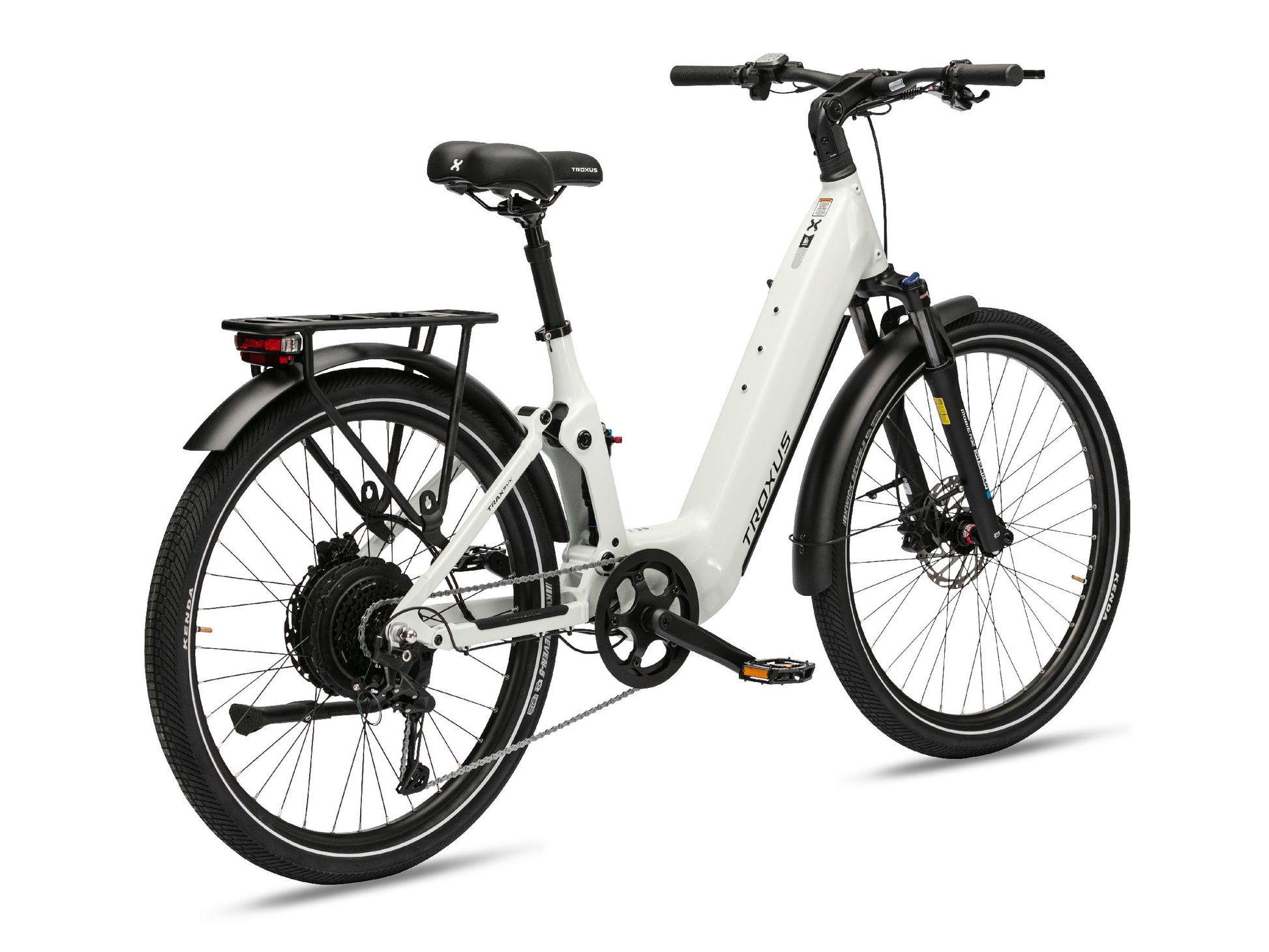 Troxus Trax SUV Electric Bike in Chalk – Rear Three-Quarter View Showing Rear Hub Motor, and Cargo Rack