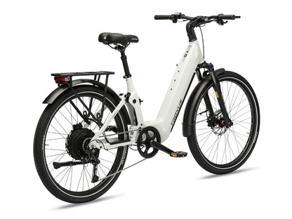 Troxus Trax SUV Electric Bike in Chalk – Rear Three-Quarter View Showing Rear Hub Motor, and Cargo Rack