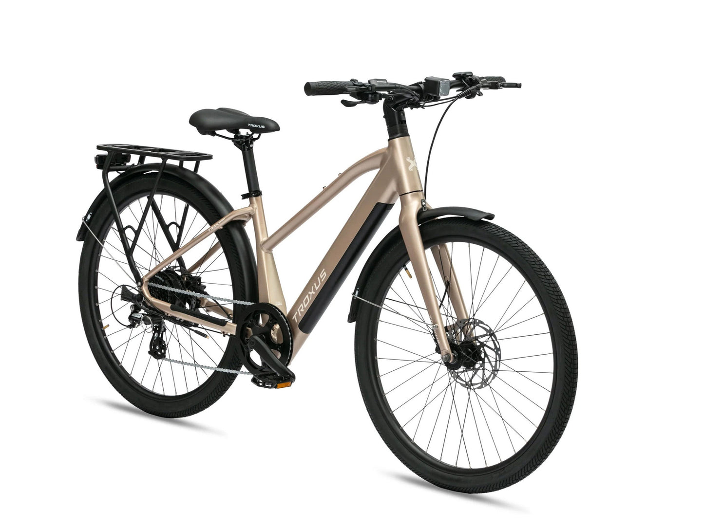 Troxus Trax Sport Bronze electric bike front three-quarter view commuter eBike with rear rack