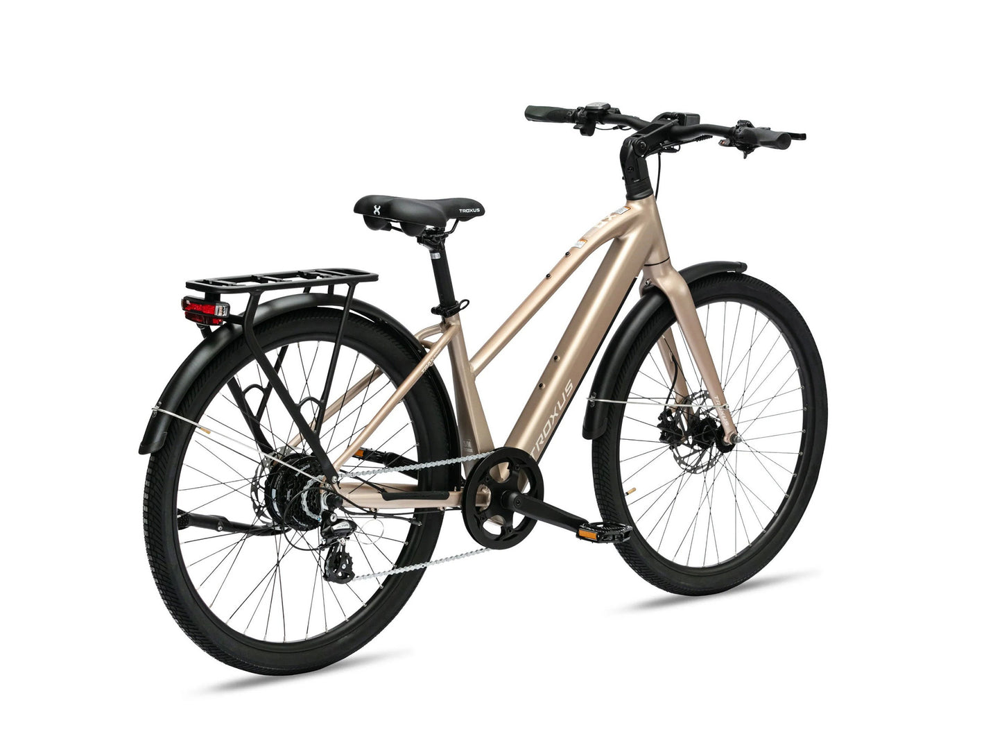 Troxus Trax Sport Bronze eBike rear three-quarter view featuring integrated rear rack disc brakes and commuter tires