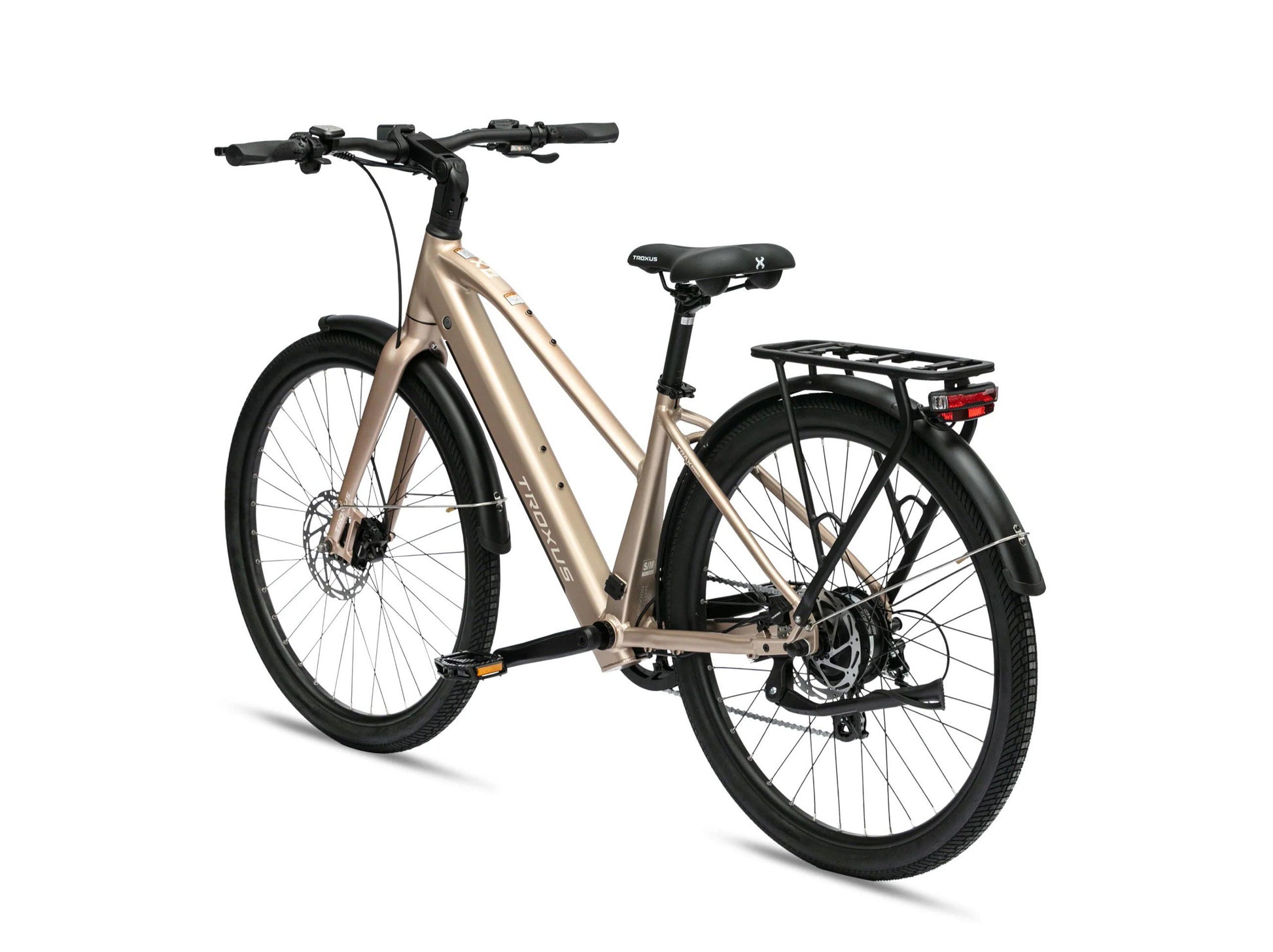 Troxus Trax Sport Bronze electric commuter bike angled rear view with step-through frame and rear cargo rack