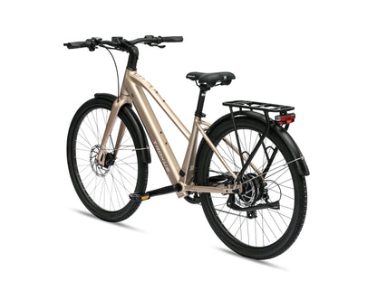 Troxus Trax Sport Bronze electric commuter bike angled rear view with step-through frame and rear cargo rack