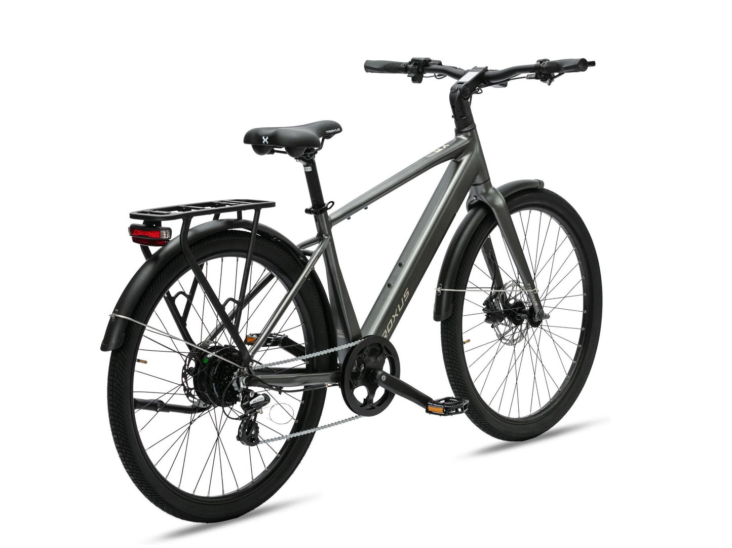 Troxus Trax Sport Natural Slate commuter electric bicycle with rear cargo rack fender