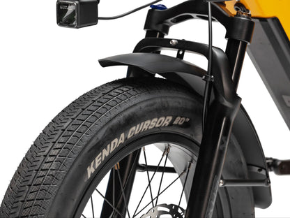 Close-up of Troxus Lynx Cargo Gloss Mango front tire with Kenda Cursor tire and suspension fork