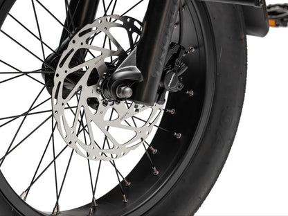 Close-up of Troxus Lynx Cargo hydraulic disc brake and front wheel