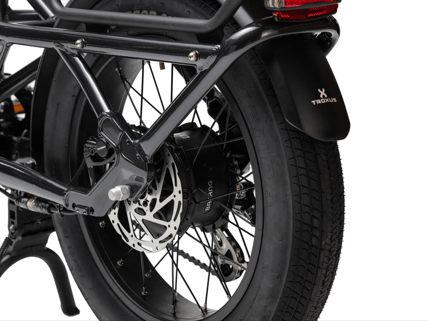 Rear wheel and Bafang hub motor on Troxus Lynx Cargo Gloss Mango cargo electric bike